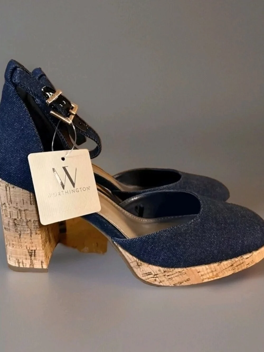 Worthington Denim Panama Cork Block Heel Boho Pumps Shoes Strappy Size 10M